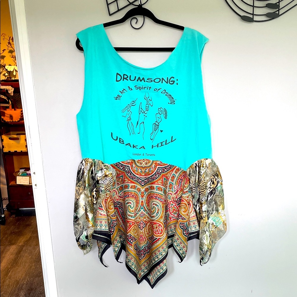 Upcycled Graphic Tank with Paisley Scarf Hem